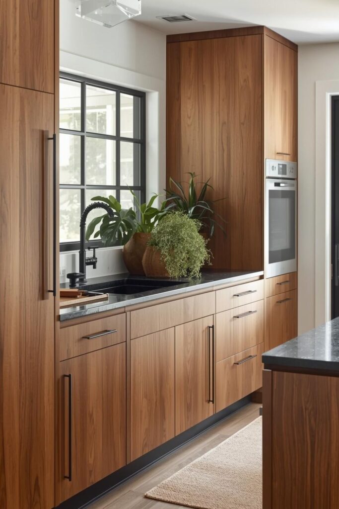 Modern Wooden Kitchen With Matte Black Hardware and Black Countertop