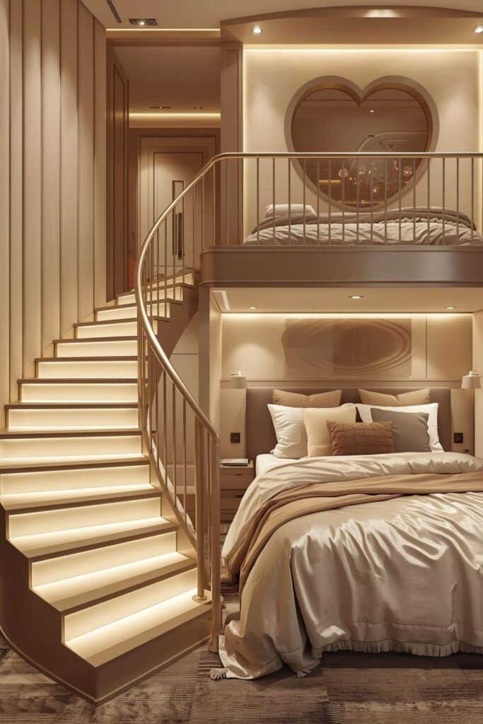 Modern bunk loft bed with heart frame and glowing LED steps