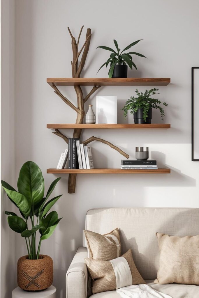Modern organic wall decor featuring branch shelves, plants, and ceramics