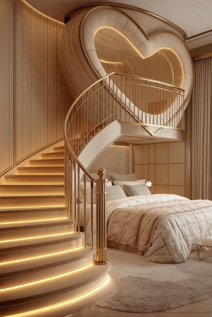 Modern romantic loft bed bedroom with a champagne palette and soft lighting