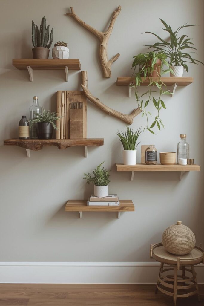 Modern wall decor with tree branch shelves and floating wood styling