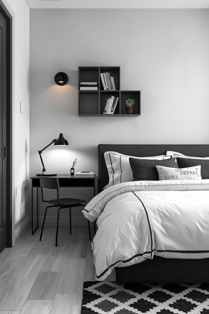 Monochrome Micro-Workspace with Slim Desk and Wall Cubes