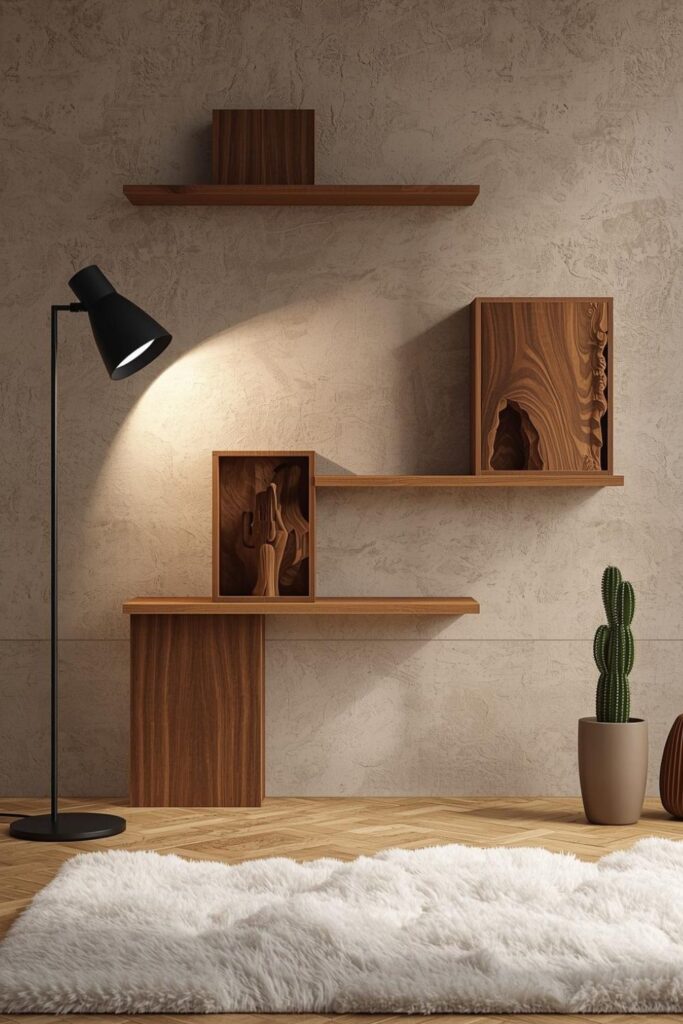 Monochrome Sandstone Wall With Carved Wood Sculpture