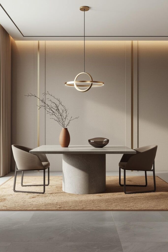Monochrome Taupe Dining Room with Gold Rings as the Highlight