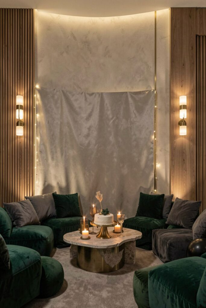 Moody Emerald Lounge With Low Seating and Candle Glow