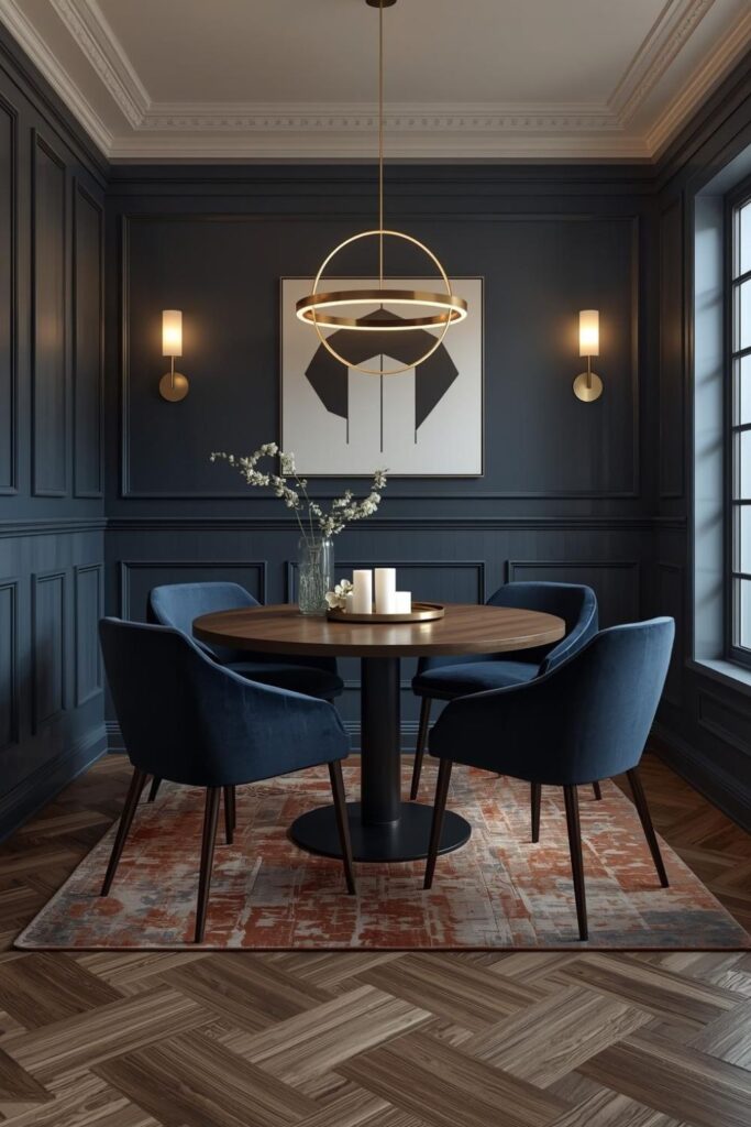 Moody Navy Dining Nook with Gold Double-Ring LED Drama