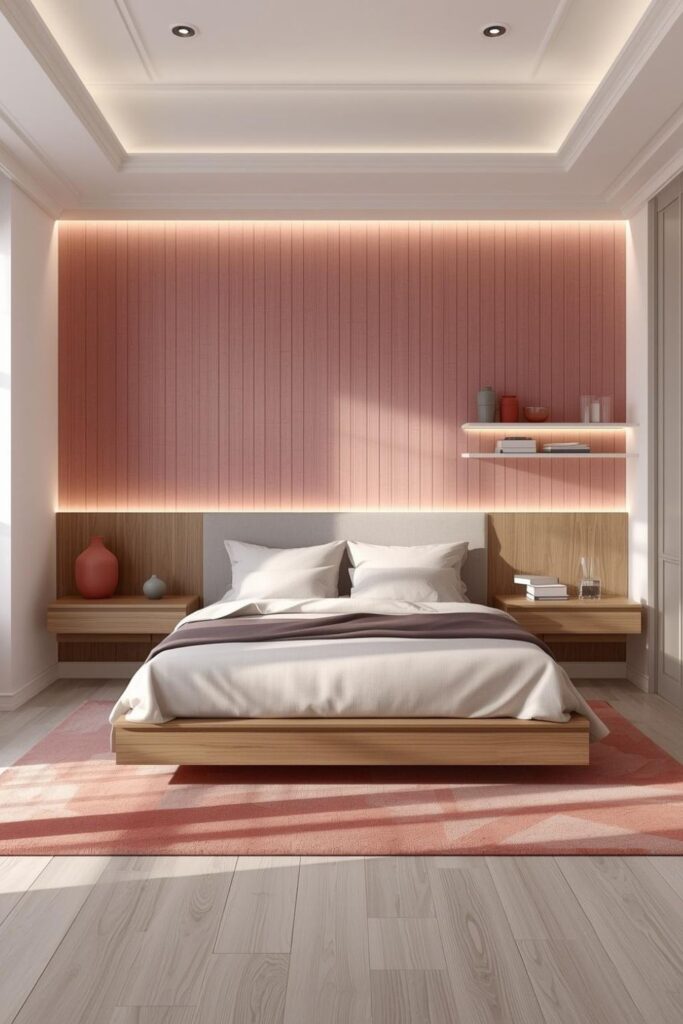 Muted Pink Textured Wallpaper With Floating Shelves And Layered Glow