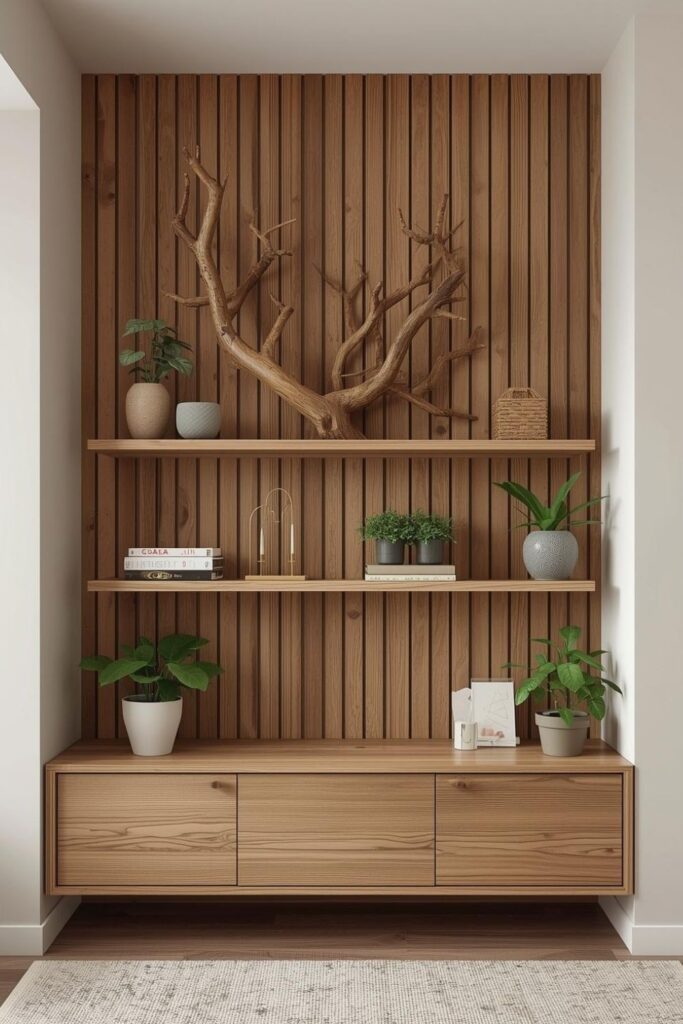 Nature-inspired wooden wall design with floating shelves and indoor plants