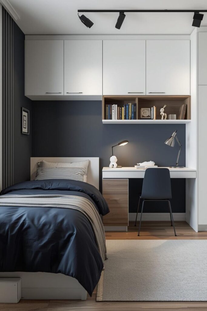 Navy Accent Study Corner with Floating Cabinets Above Desk