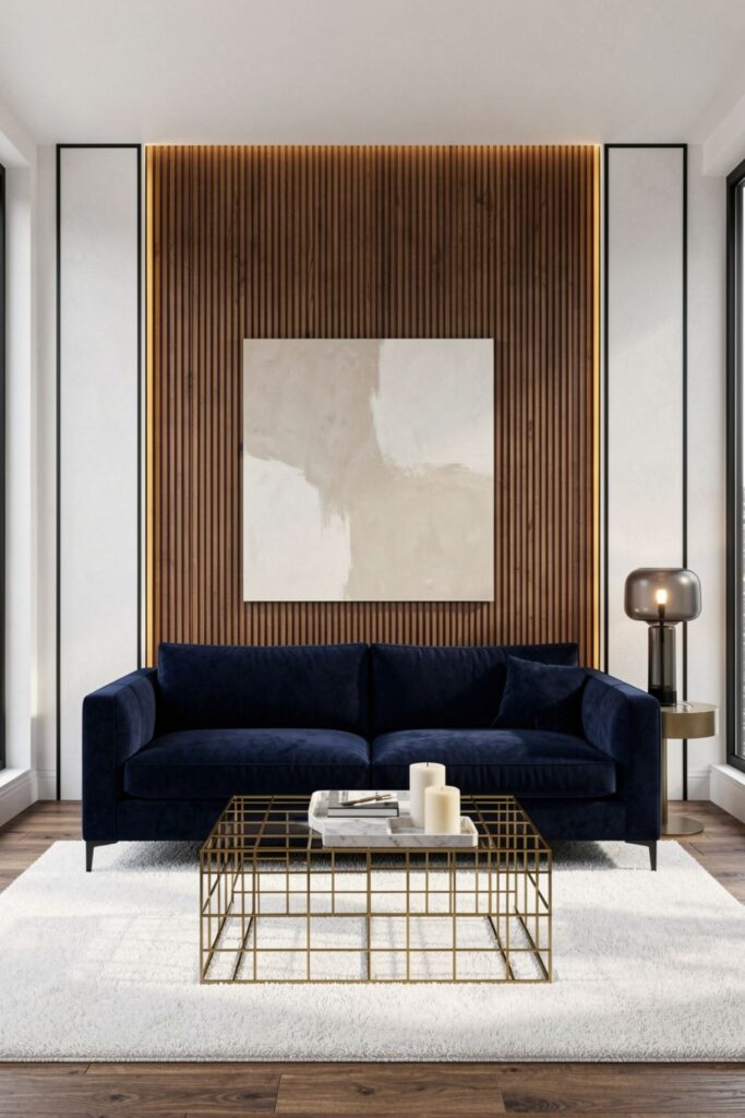 Navy Velvet Sofa With Brass Grid Coffee Table