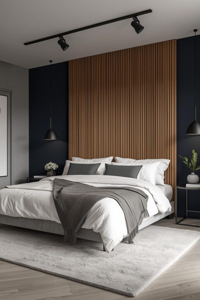 Navy and Ash Gray With a Fluted Wood Headboard Feature