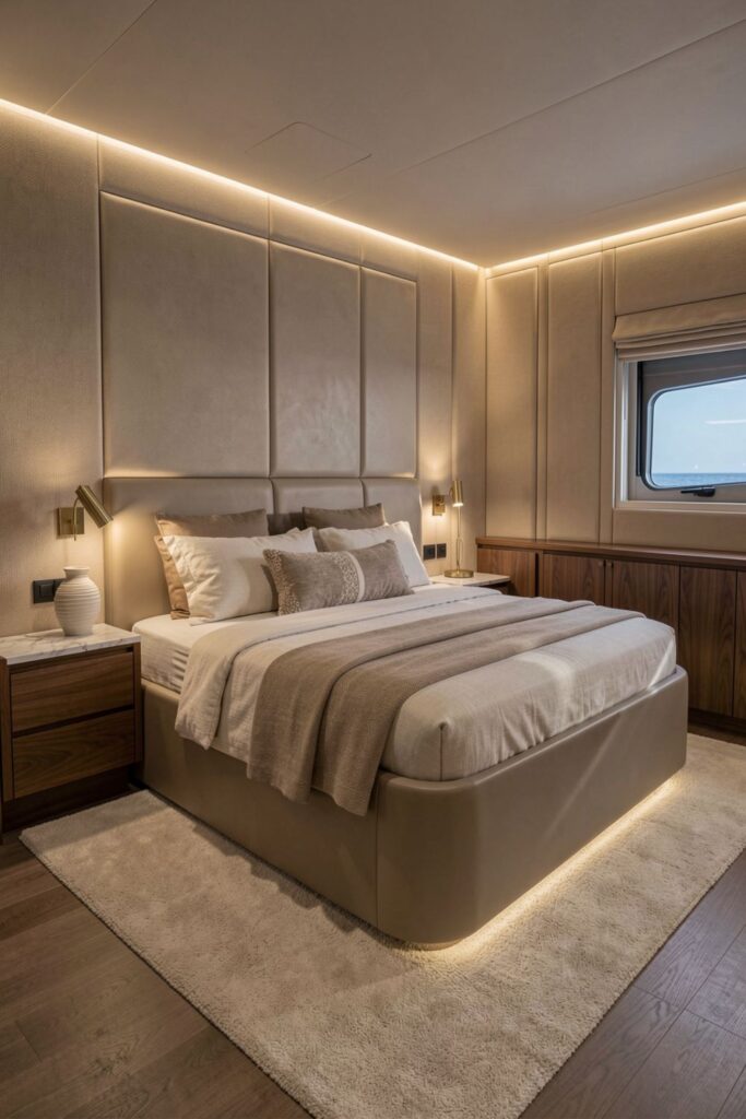 Off-Center Berth With Sandstone Linen and Brass Details