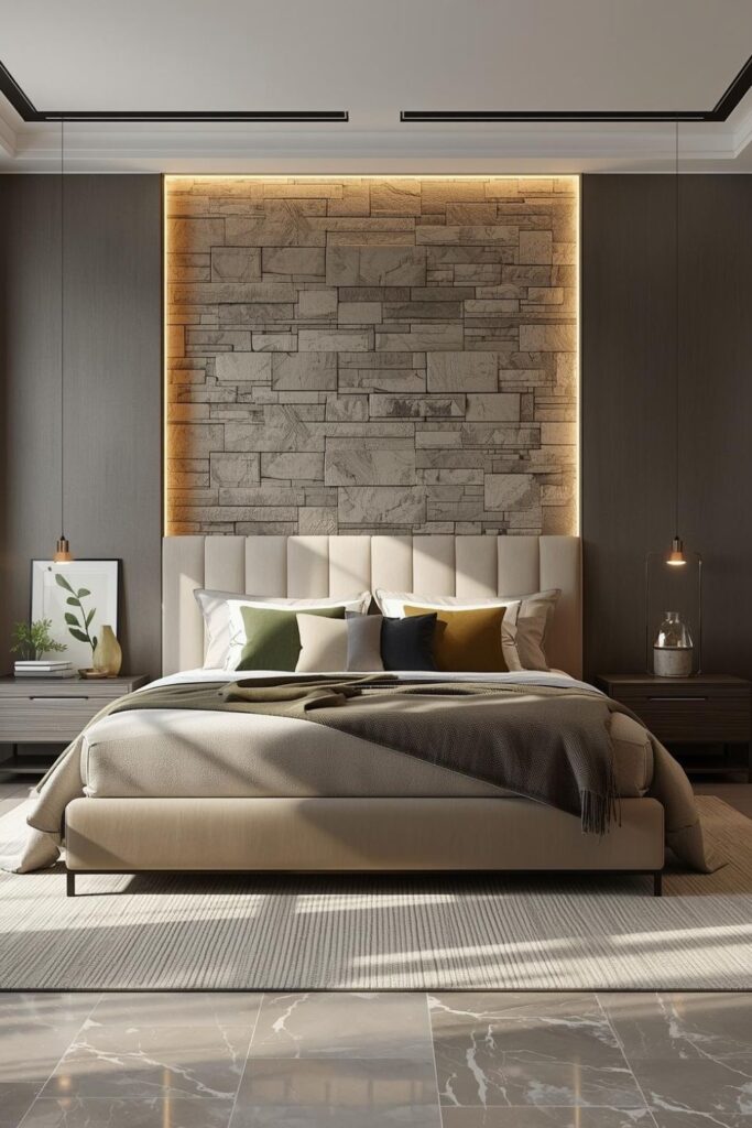 Olive and Cream With a Stone-Inspired Accent Wall