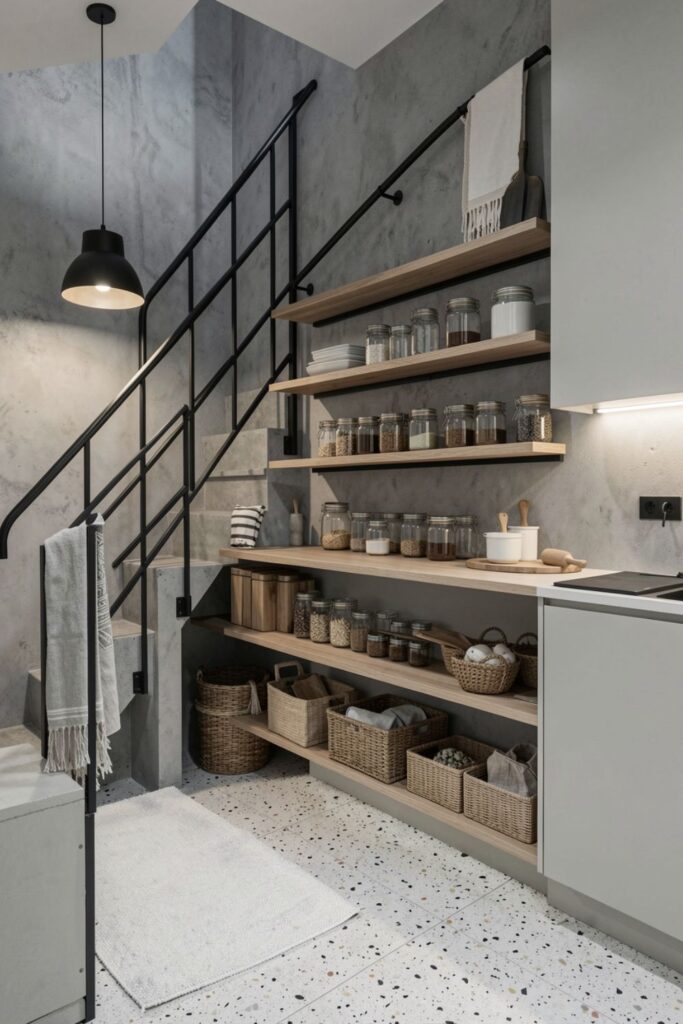 Open Shelf Under-Stairs Pantry Niche With Rail and Containers