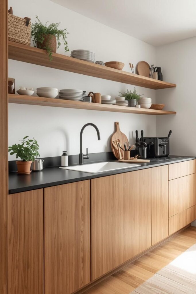Open Shelving With Plants in a Modern Wooden Kitchen Interior