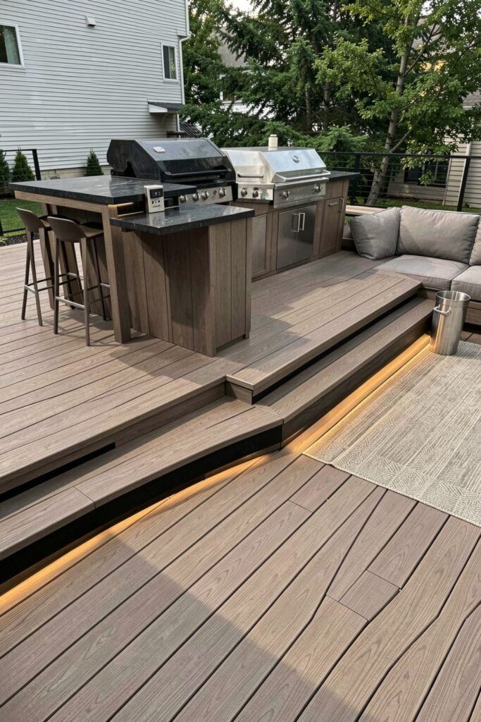 Outdoor Kitchen Upper Level With Step-Down Casual Sofa Zone