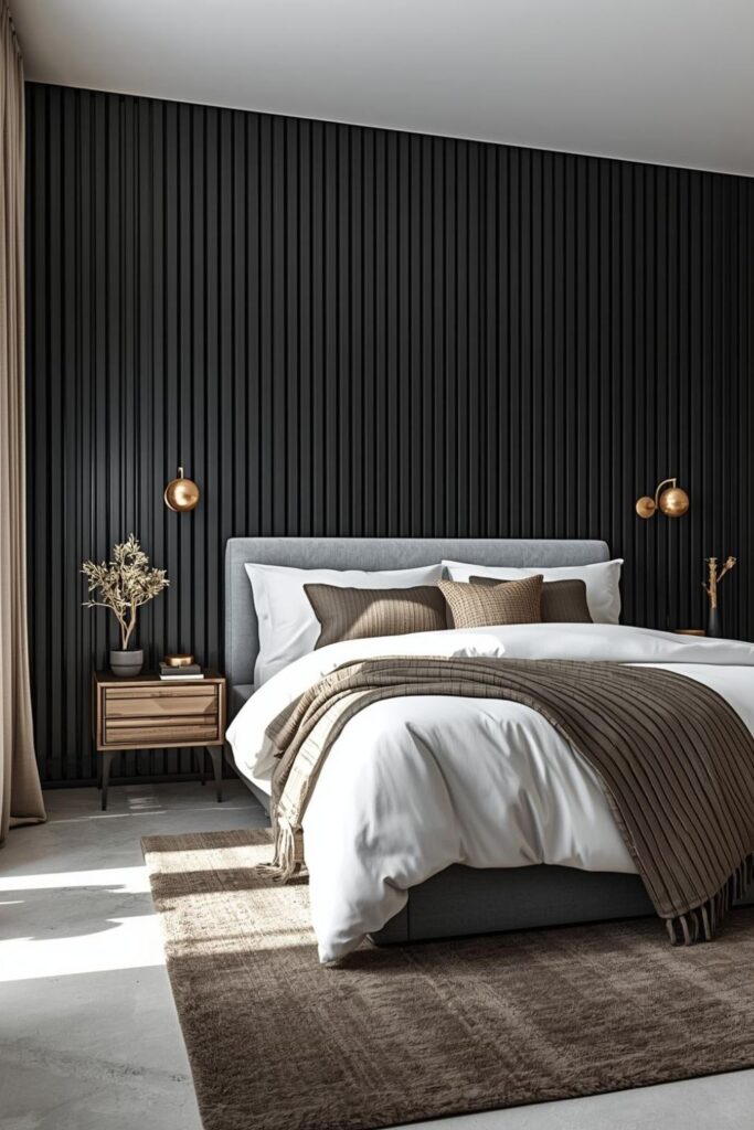 Painted Black Slat Wall for a Bold Bedroom Headboard