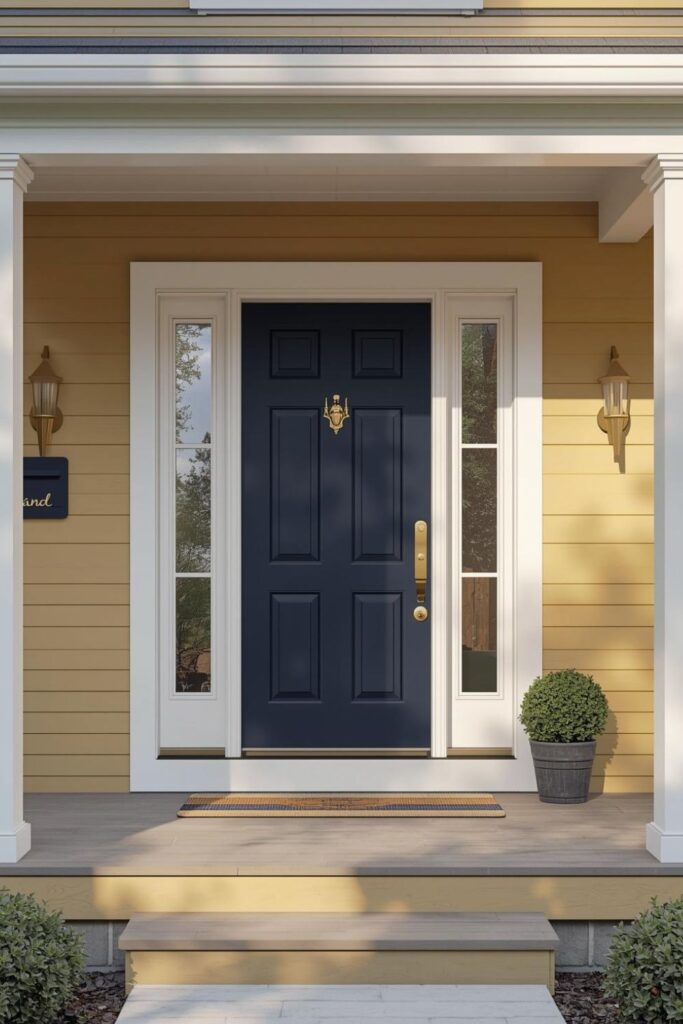 Pale Marigold Cottage With Navy Door and Brass Hardware