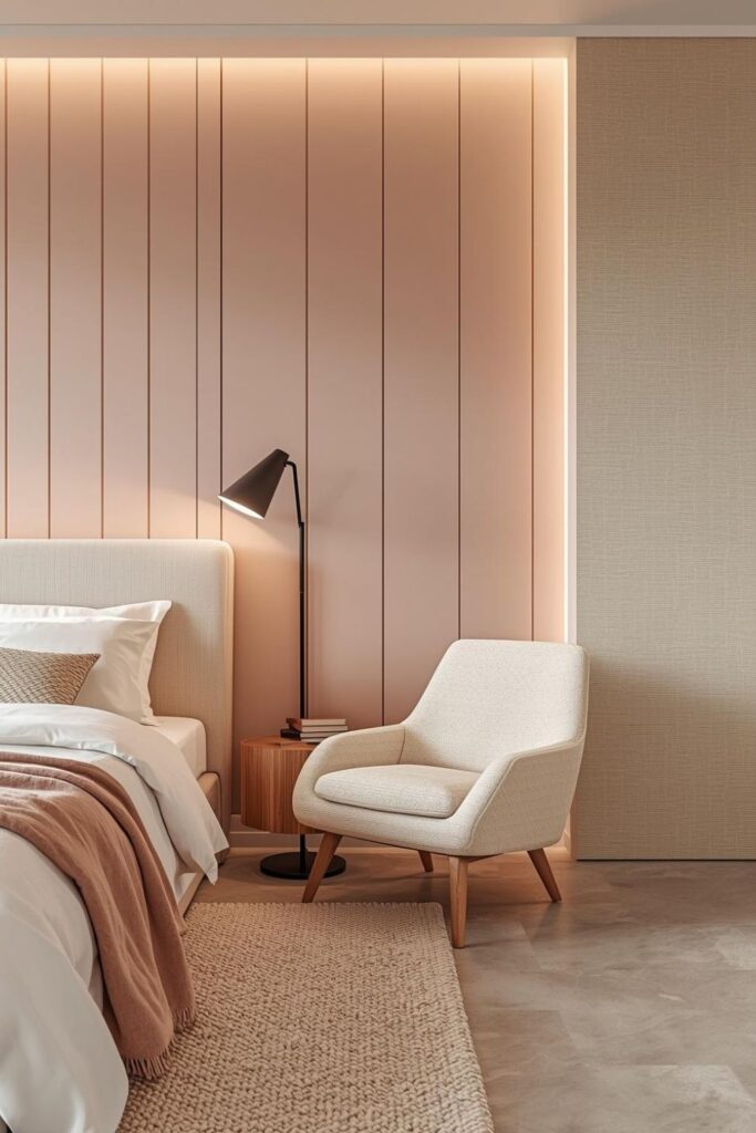Pale Pink Wall Paneling With Cream Boucle Reading Nook