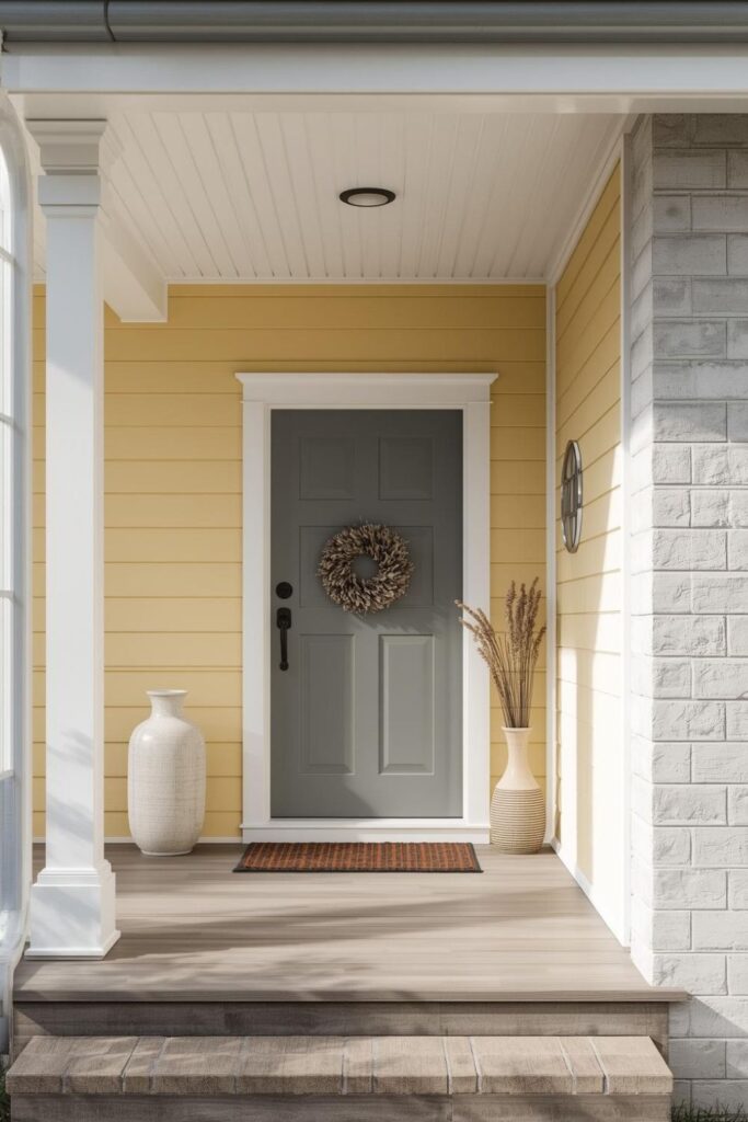 Pastel Yellow Cottage With Gray Limewash Brick and Arched Entry