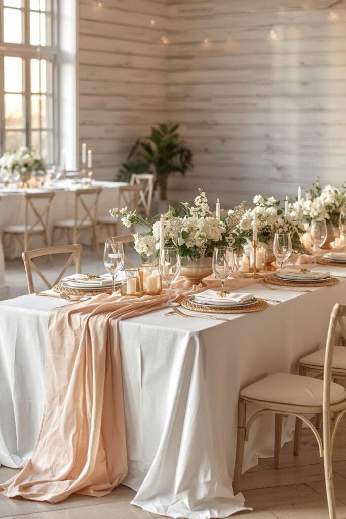 Peach And White Coastal-Inspired Table With Rattan And Gold Details