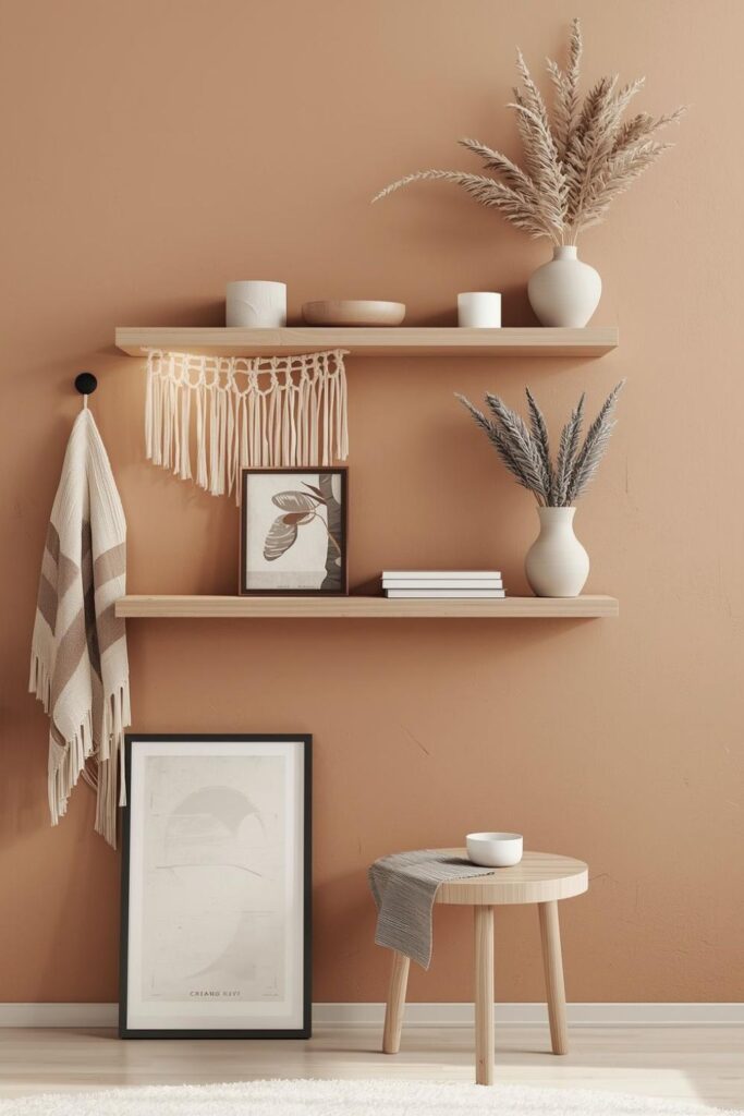 Peachy Clay Wall With Macramé and Pale Beech Shelves