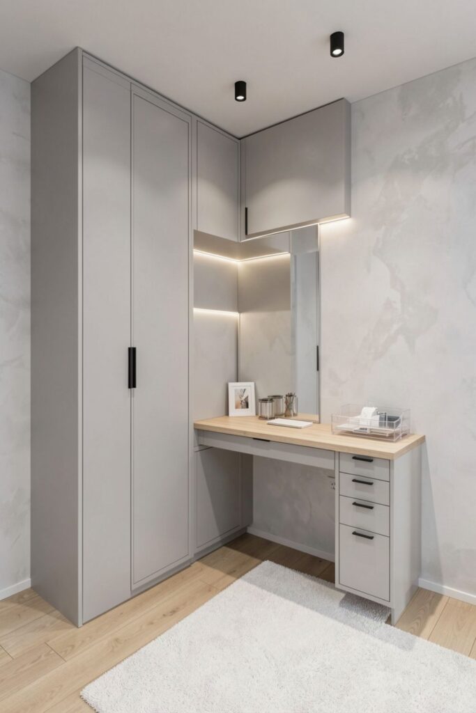 Pearl-Grey Corner Wardrobe With Wraparound Mirror Vanity Desk