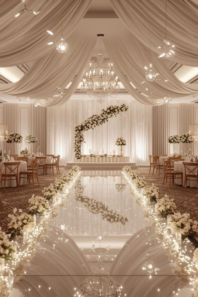 Luxury White Draped Wedding Reception Ideas With Fairy Light Aisle
