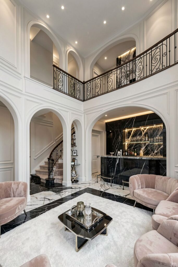 Pearl White Walls With Onyx Accent Bar And Velvet Occasional Chairs