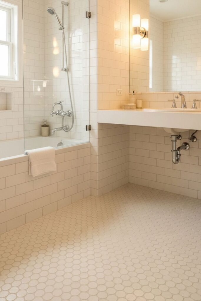 Penny Round Mosaic in Warm Whites for Gentle Texture