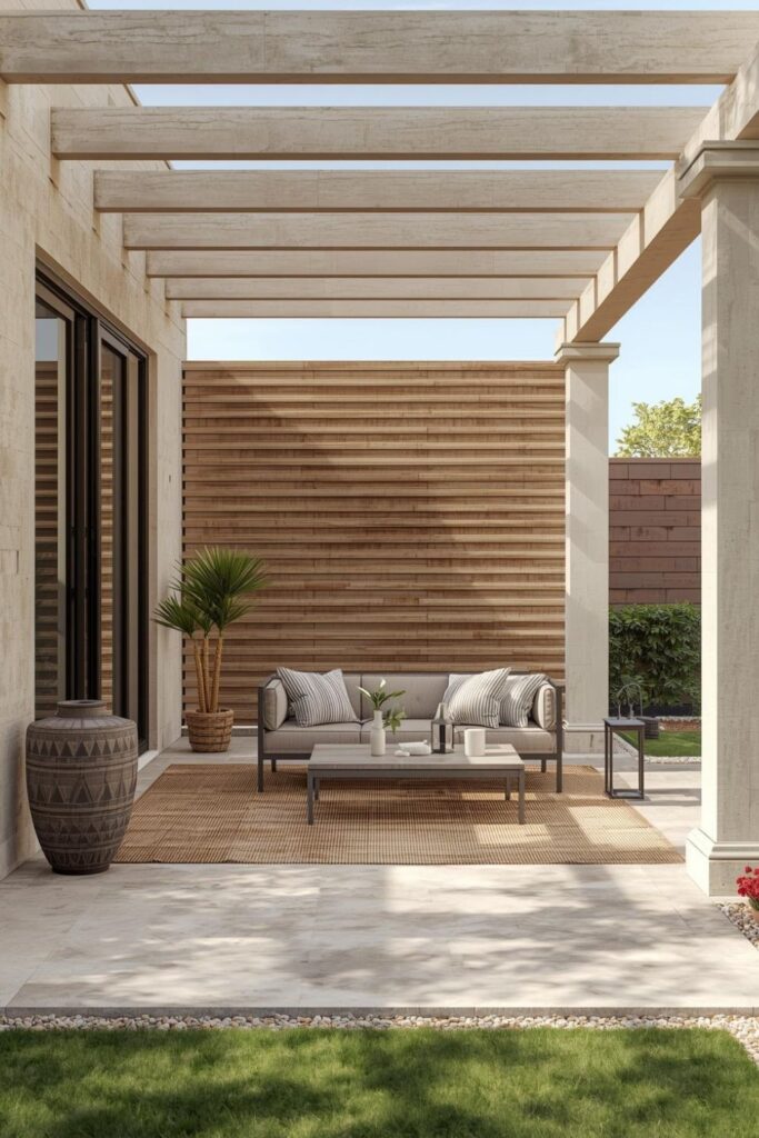 Pergola Sectional Lounge with Limestone Rug and Linen Cushions