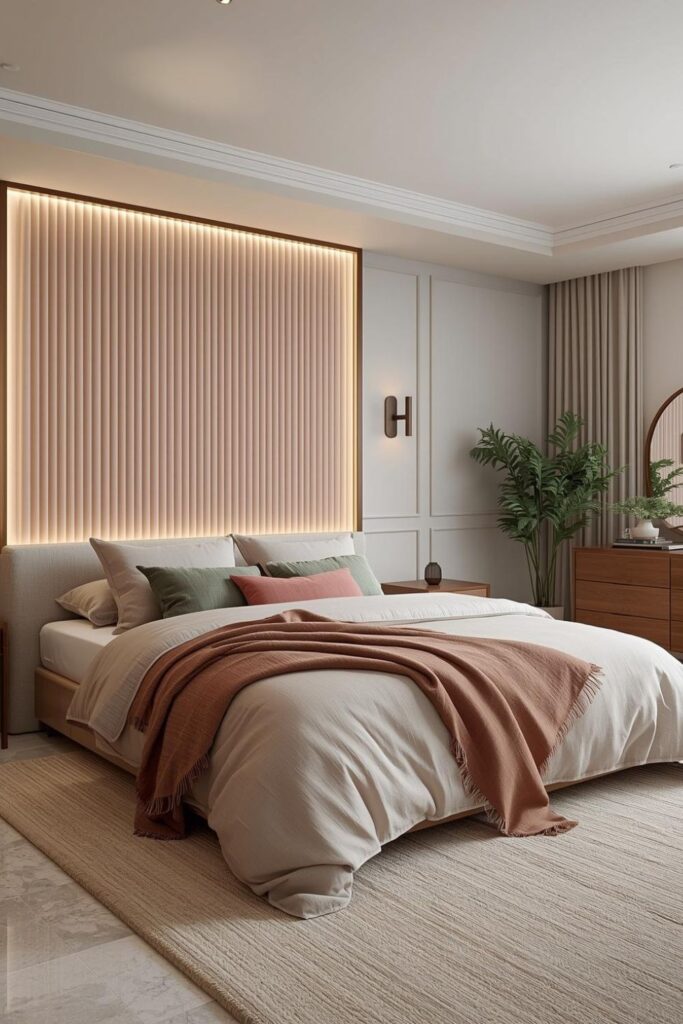 Pink And Sage Bedding Mix With Curved Mid-Century Dresser