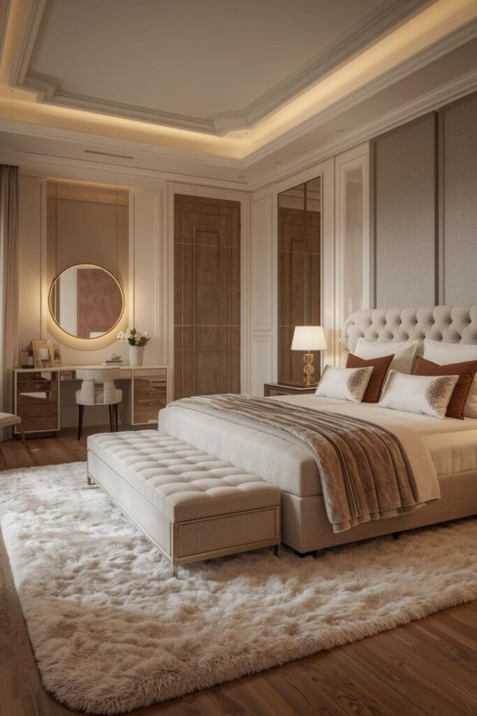 Plush Rug And Wood Flooring Pairing For A Soft Glam Bedroom