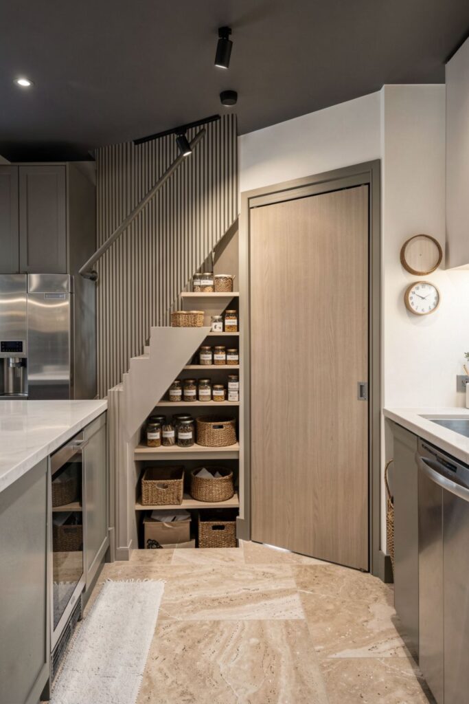 Pocket-Door Stairs Pantry Entry for Tight Kitchen Walkways