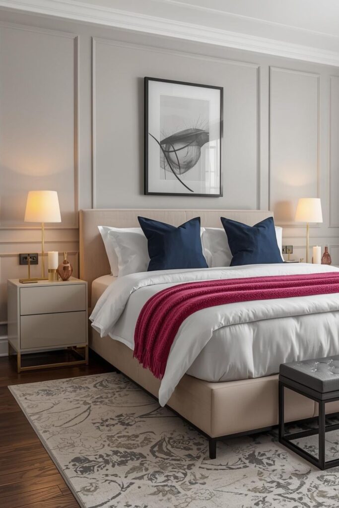 Raspberry Pink Throw And Navy Accents In A Sleek Modern Layout
