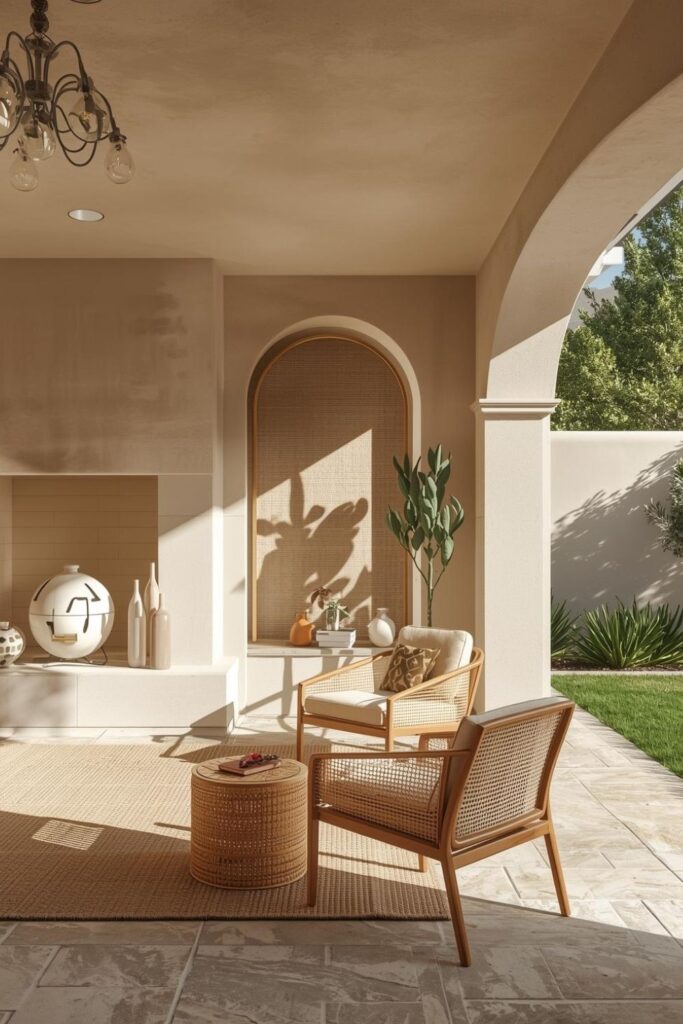 Rched Fireplace Nook with Cane Chairs and Soft Greige Textiles
