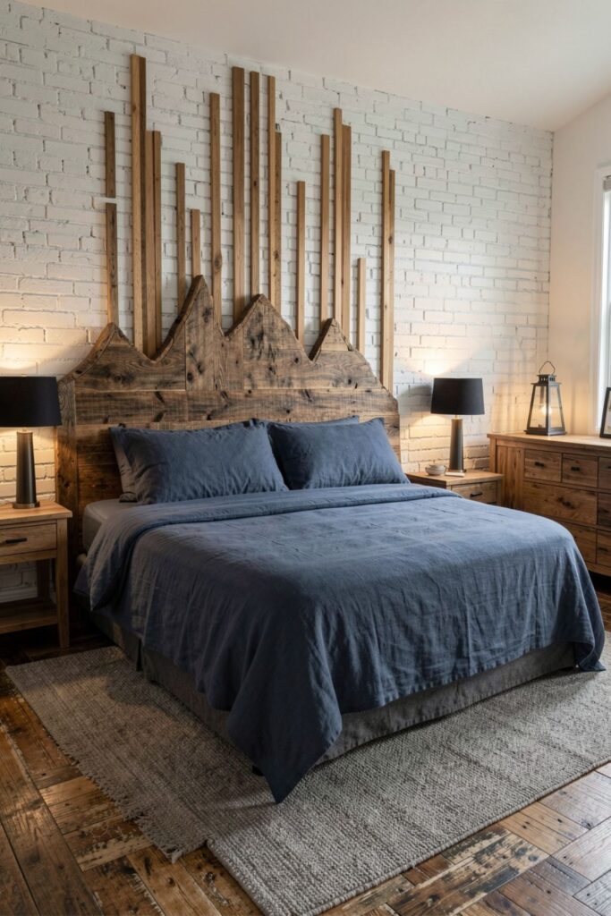 Reclaimed Barnwood Mountain Headboard With Brick Texture Wall