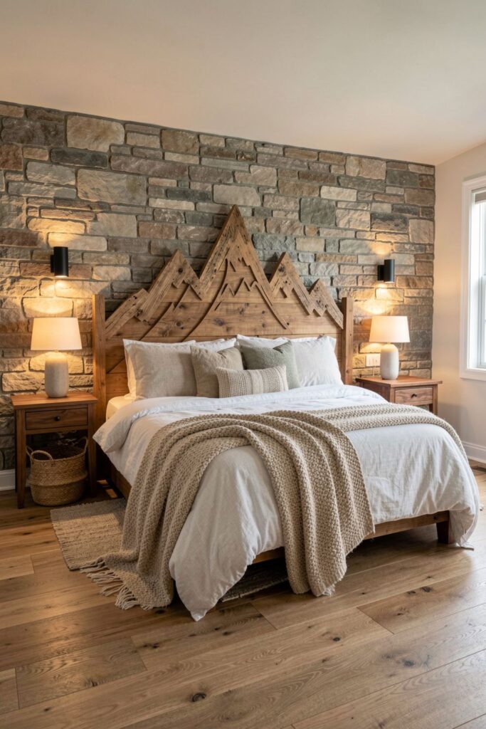 Reclaimed Pine Mountain Headboard With Stone Accent Wall