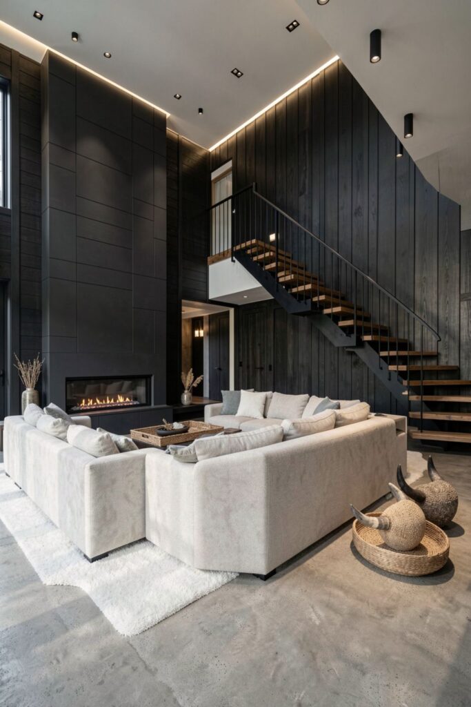 Reclaimed Wood Staircase Living Room with Charcoal Panels and Fireplace