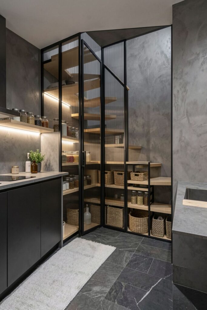 Ribbed Glass Under-Stairs Pantry Doors With Hidden Backlighting