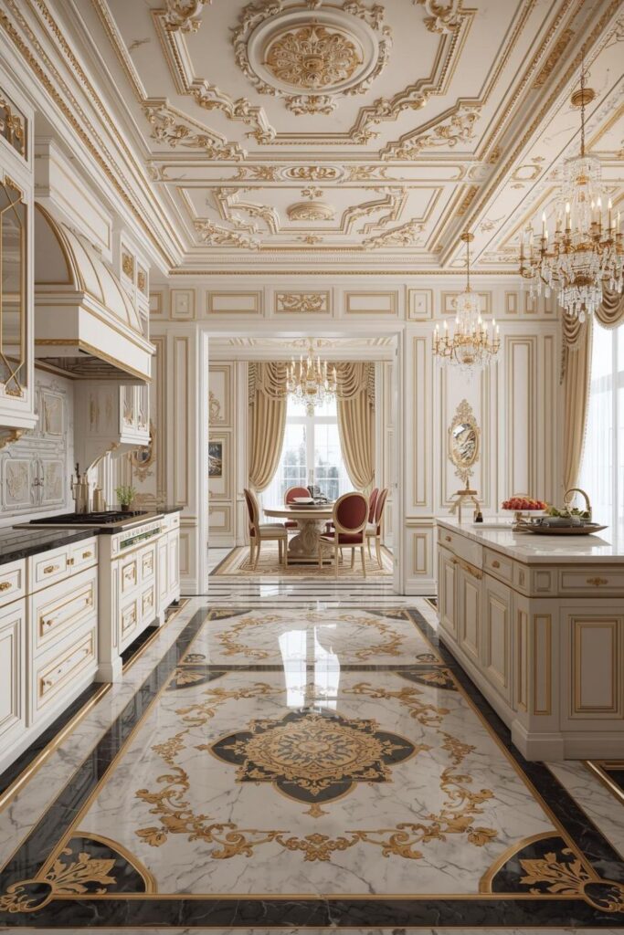 Rich Curtains and Soft Natural Light in a Royal Kitchen