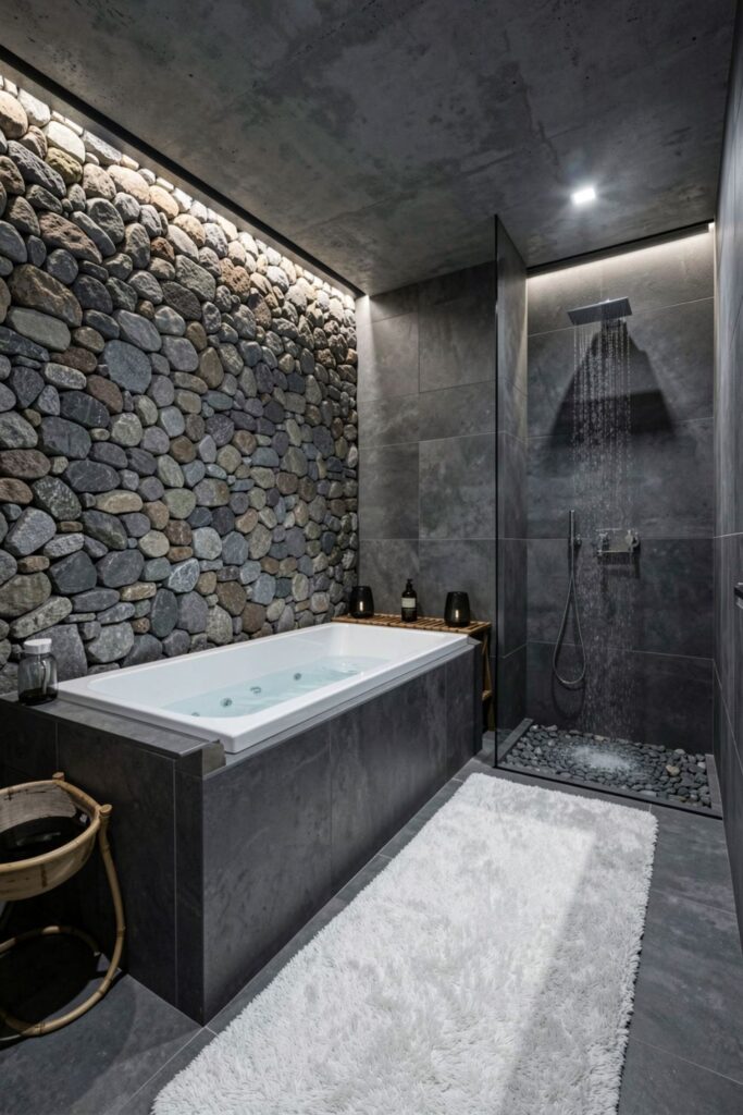 River-Rock Feature Wall Jacuzzi With Waterfall Shower Side