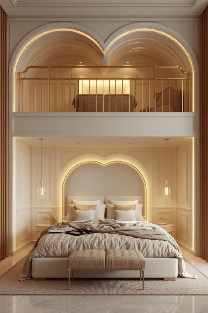 Romantic modern bedroom featuring a heart-shaped loft bed and a sculptural headboard