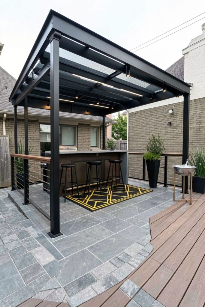 Rooftop-Inspired Upper Deck With Pergola and Outdoor Bar Rail
