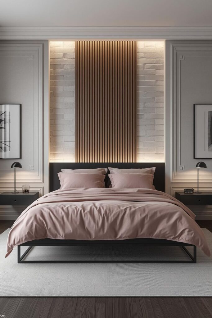 Rose Quartz Bedding With Matte Black Furniture And Graphic Contrast