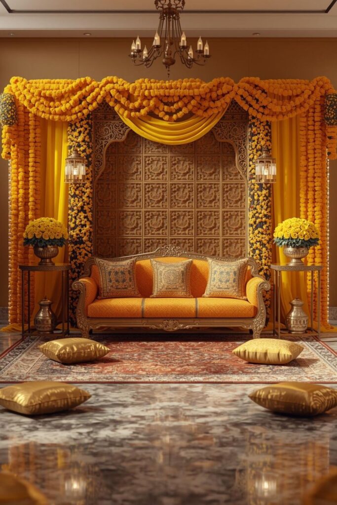 Royal Palace Haldi Stage with Diwan Seating and Brass Décor