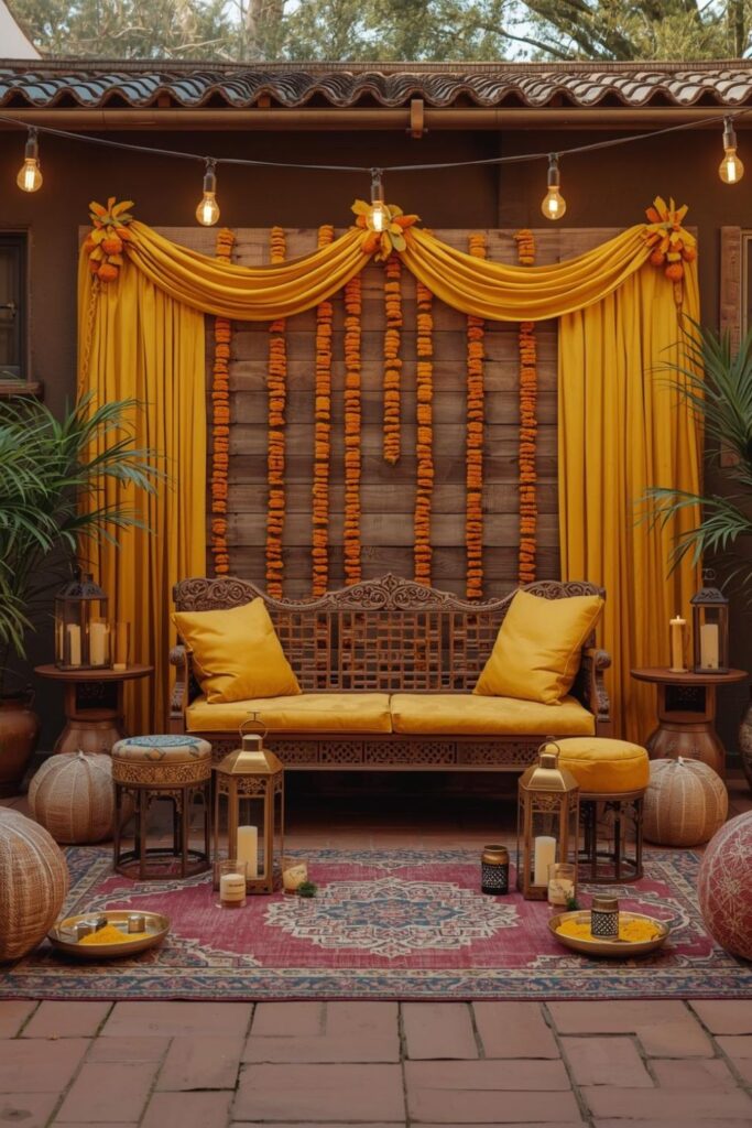 Rustic Courtyard Haldi Stage with Wooden Backdrop and Loveseat