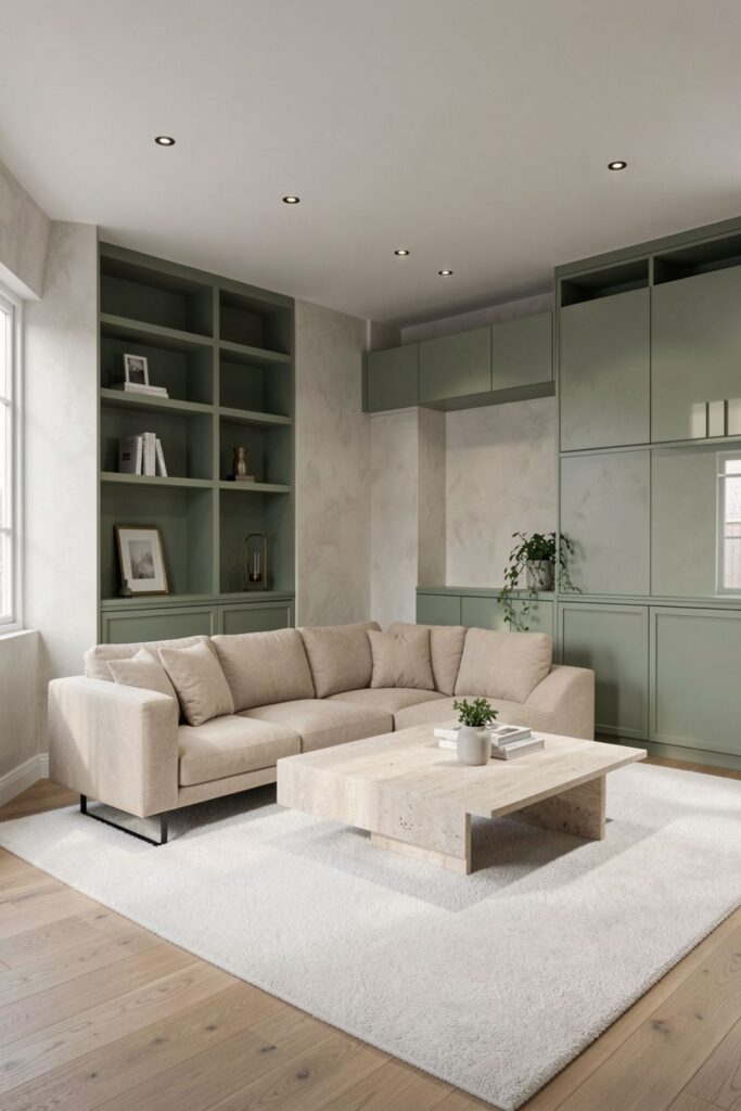 Sage Green Built-Ins With Low Profile Modern Sofa