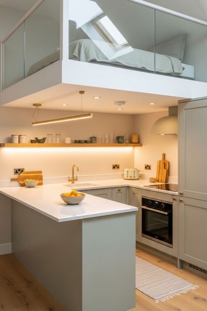 Sage Green Kitchen Below Mezzanine With Slim Island Seating