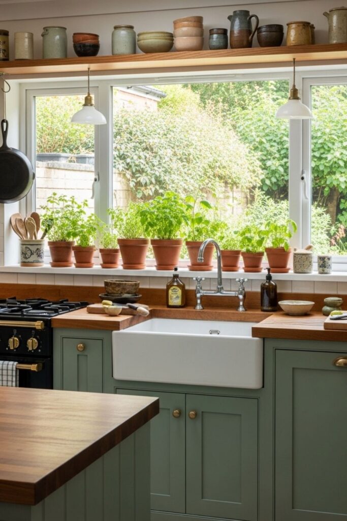 Sage Green Shaker Cabinets With Butcher Block Warmth
